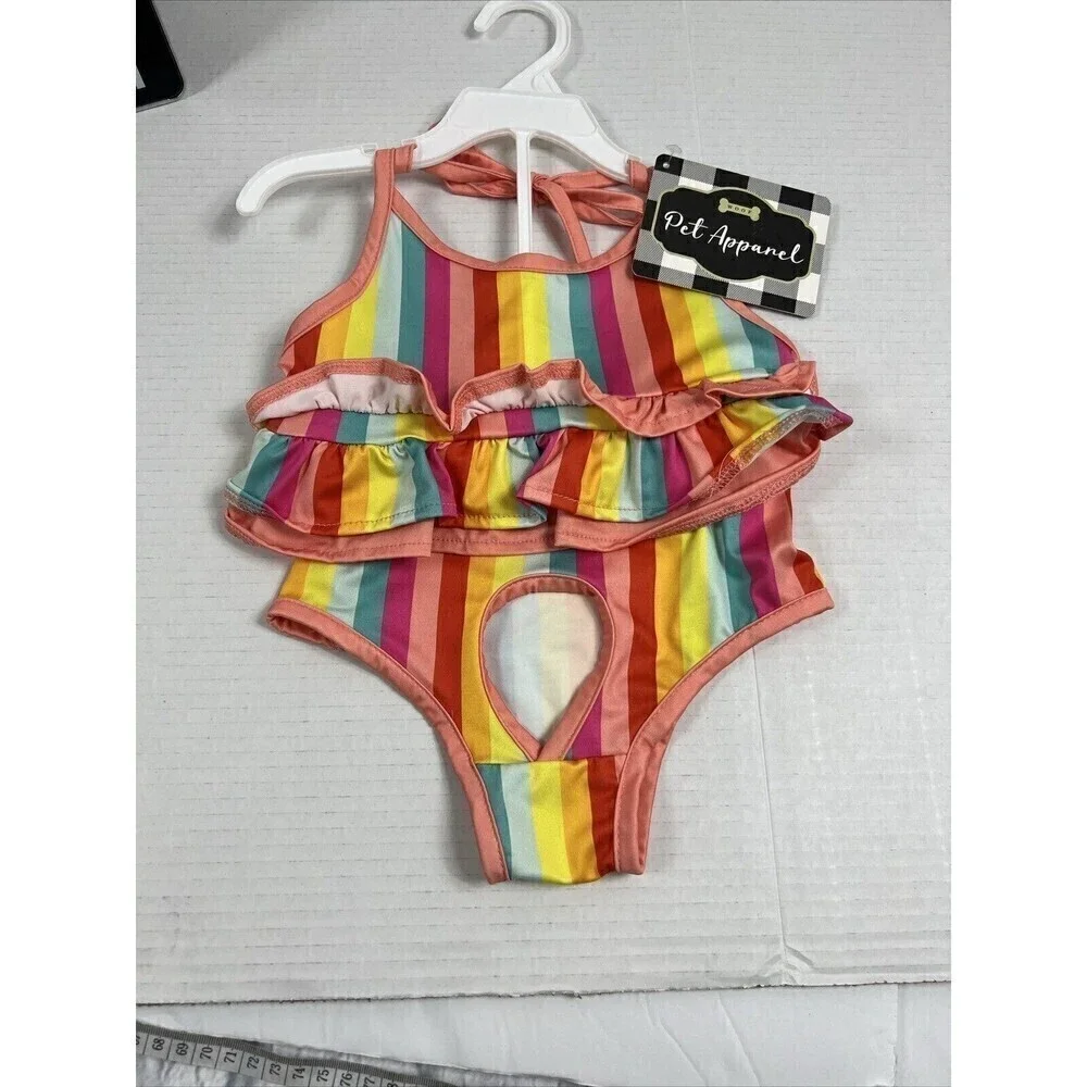 RAINBOW Stripe Dog Swim Suit Bikini L Large NEW Bathing Suit Costume